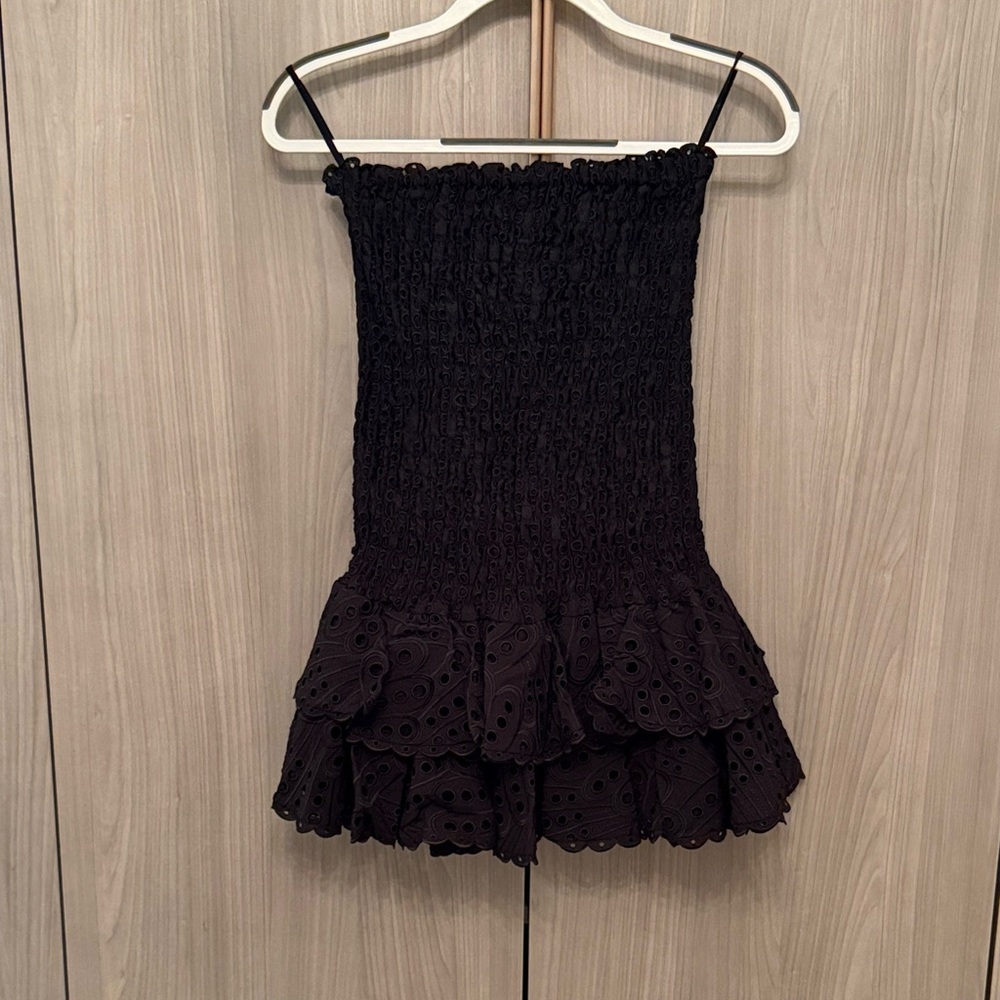 Charo Ruiz Black Strapless Smocked Eyelet Ruffle Mini Dress